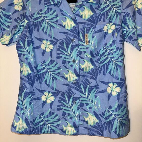 Columbia Hawaiian Short Shirt Collared Button Blue Tropical Floral Womens Small - Picture 2 of 10